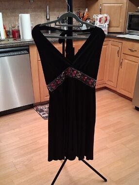 White House Black Market Black Midi Halter Dress with Beaded Waist Detail